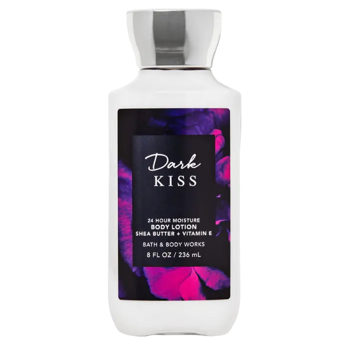 Bath and Body Works Dark Kiss Body Lotion 236ml purple bottle with dark floral design available on Maulux.mu