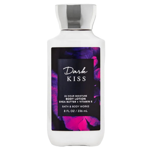 Bath and Body Works Dark Kiss Body Lotion 236ml purple bottle with dark floral design available on Maulux.mu