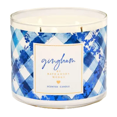 Bath and Body Works Gingham 3-Wick Scented Candle with blue freesia and peach notes - Maulux Mauritius