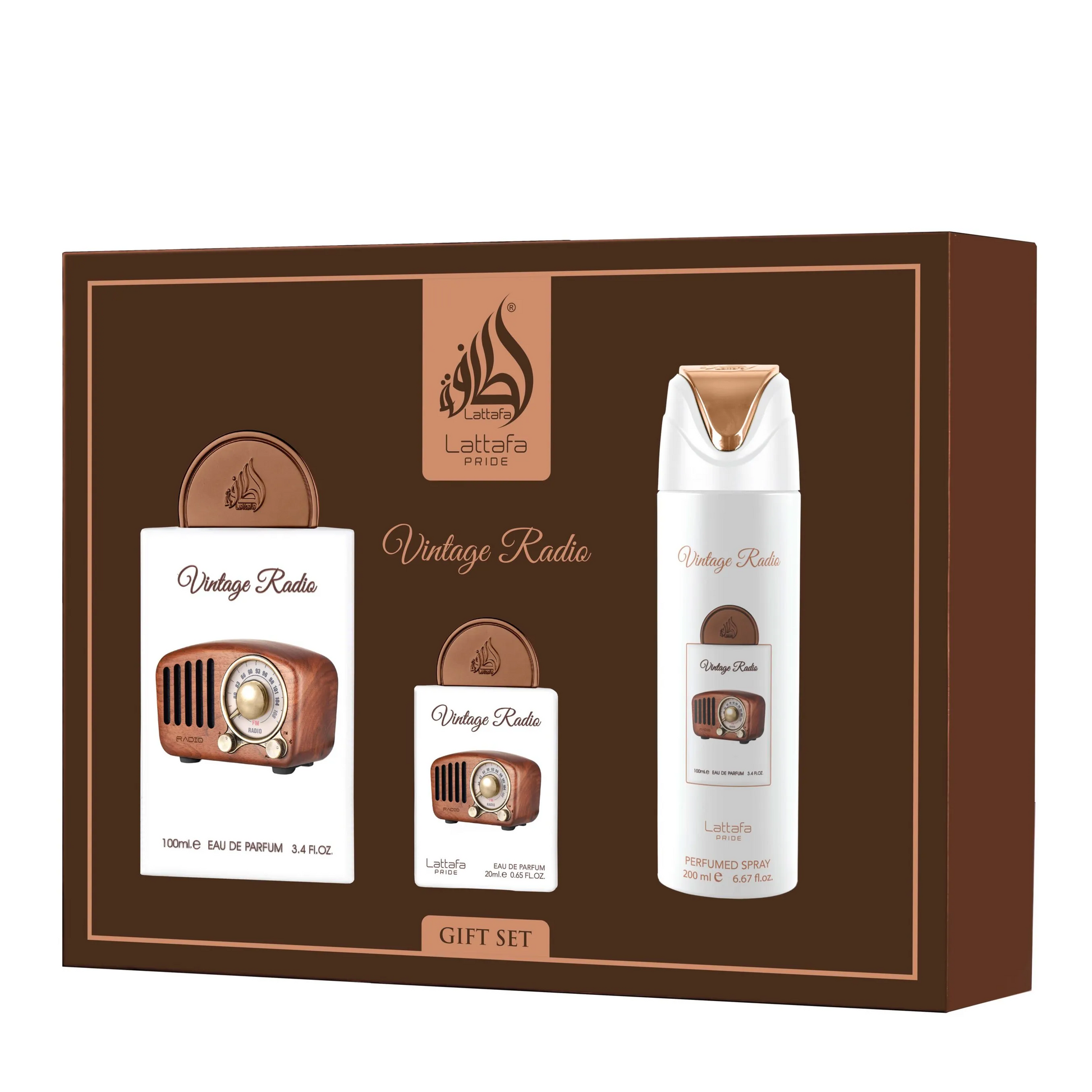 Lattafa Vintage Radio EDP 3 Piece Gift Set Maulux Perfume Mauritius