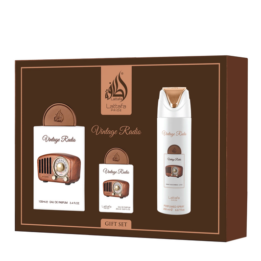 Lattafa Vintage Radio EDP 3 Piece Gift Set Maulux Perfume Mauritius